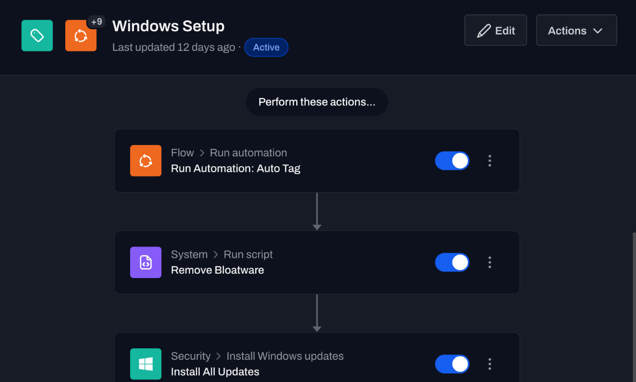 Windows setup automation with chained run automation action
