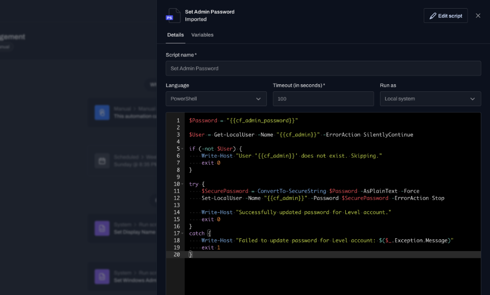 PowerShell, Bash, or Python script inside a visual workflow