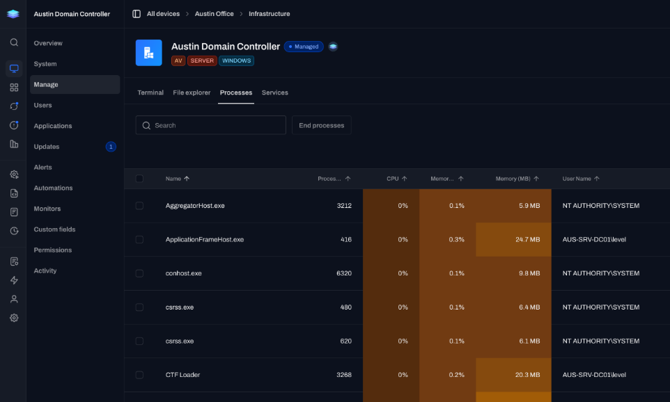 fleet search, filters, and investigation across device data