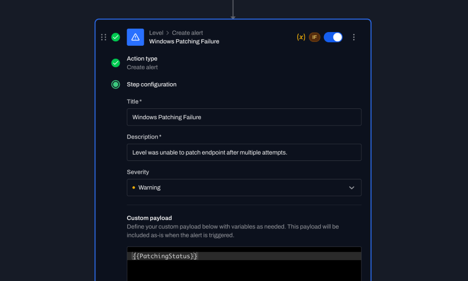 a failed patch alert with device context
