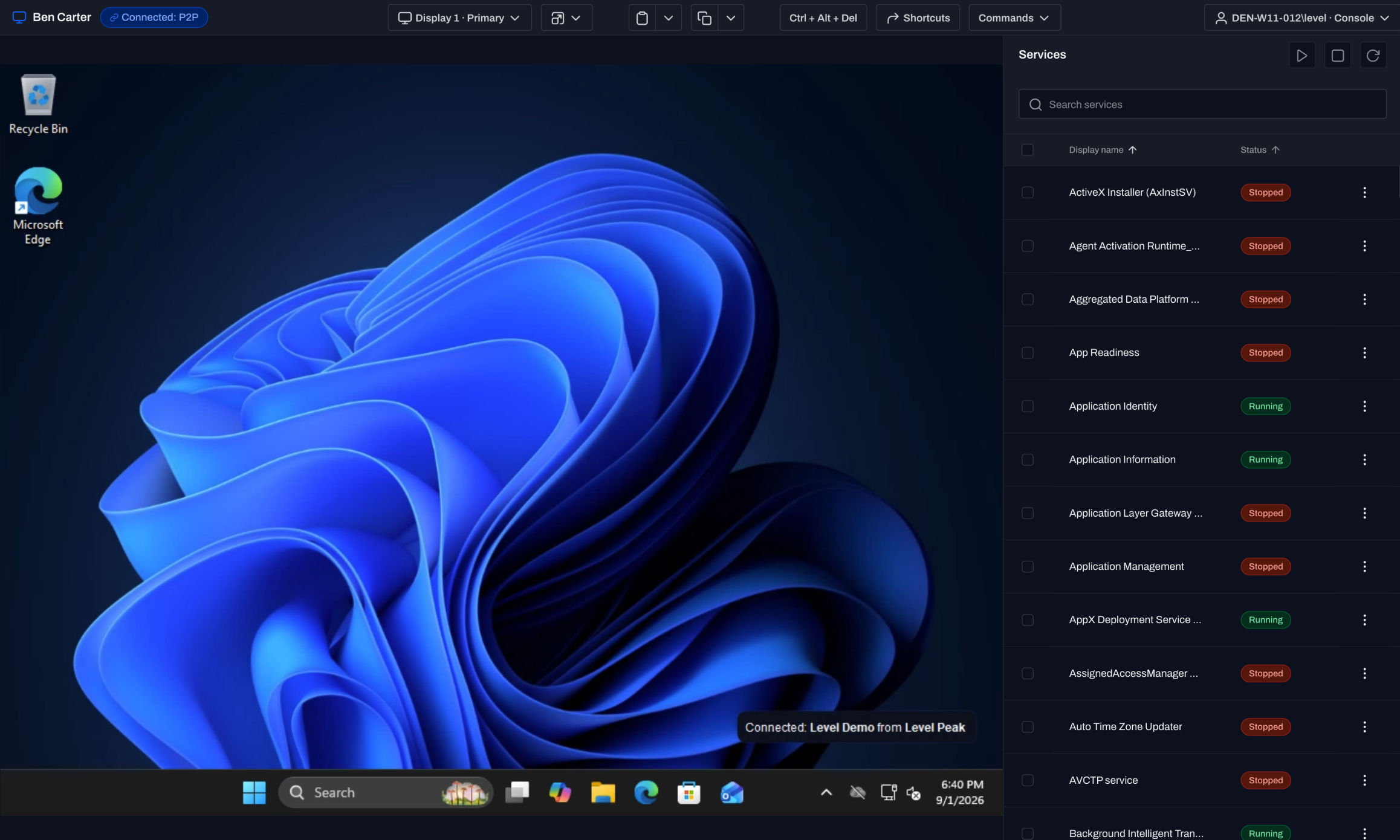 browser remote desktop session with toolbar and device tools