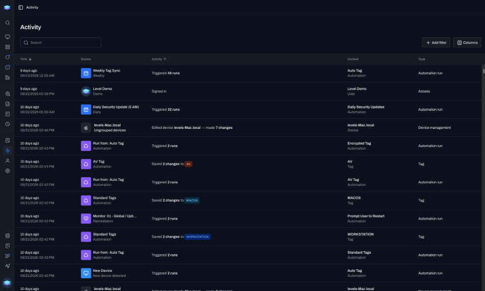 audit log with session duration, technician, and actions