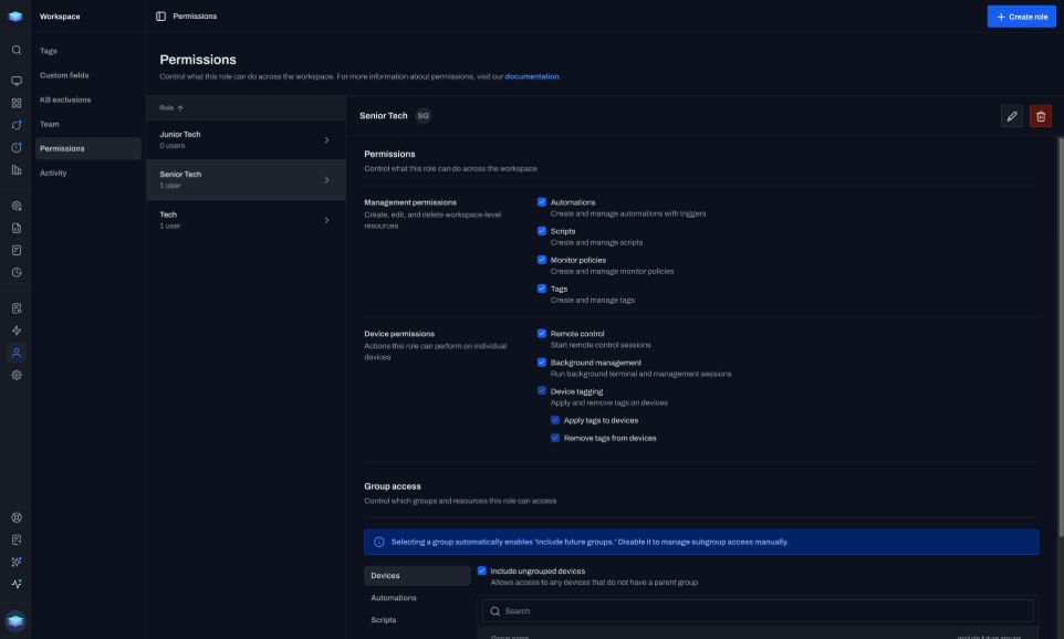 role-based permissions scoped to users and device groups