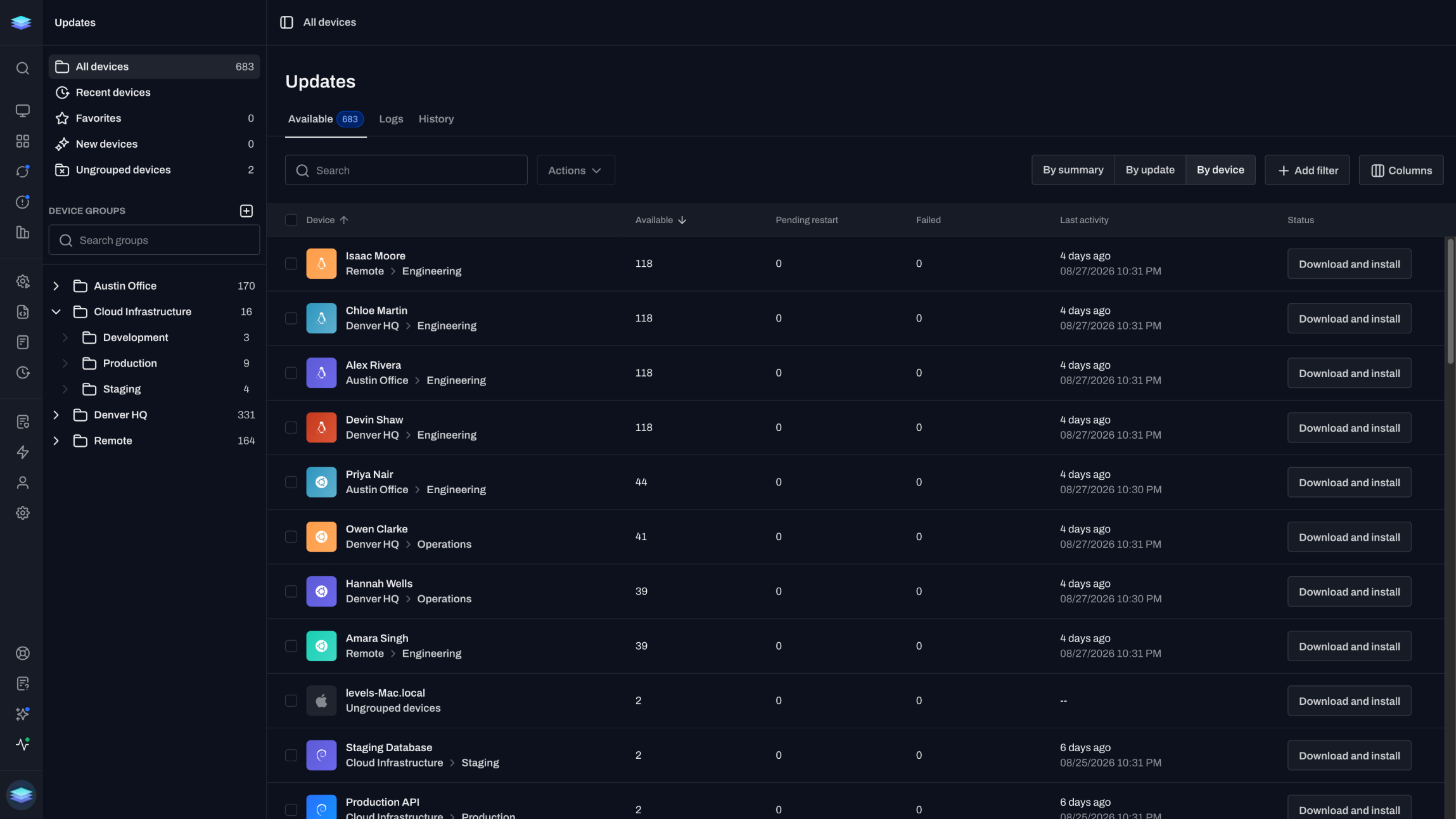 Updates listed by device