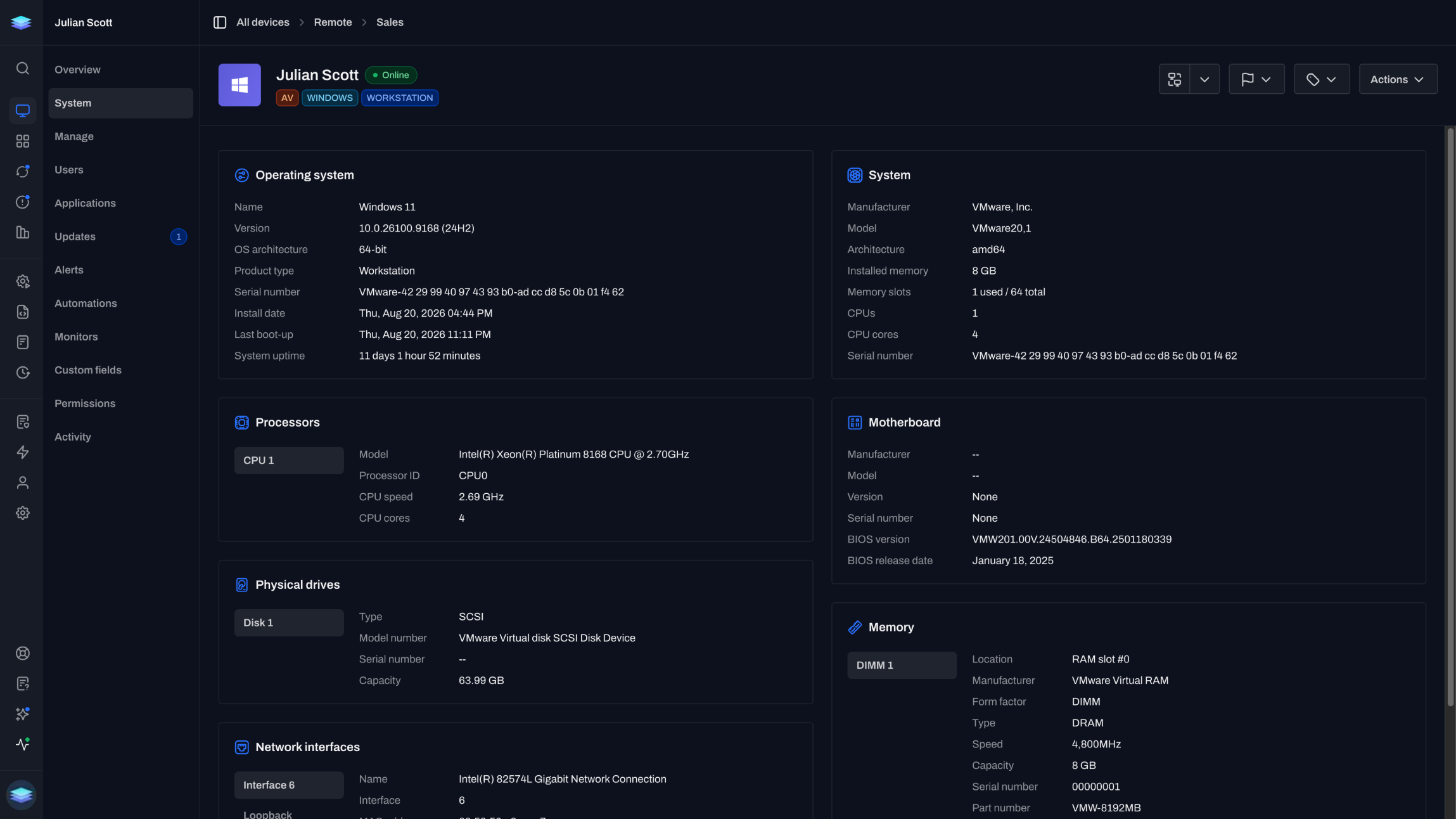 An endpoint's system information page