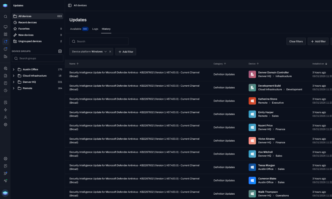 History of updates to Windows devices