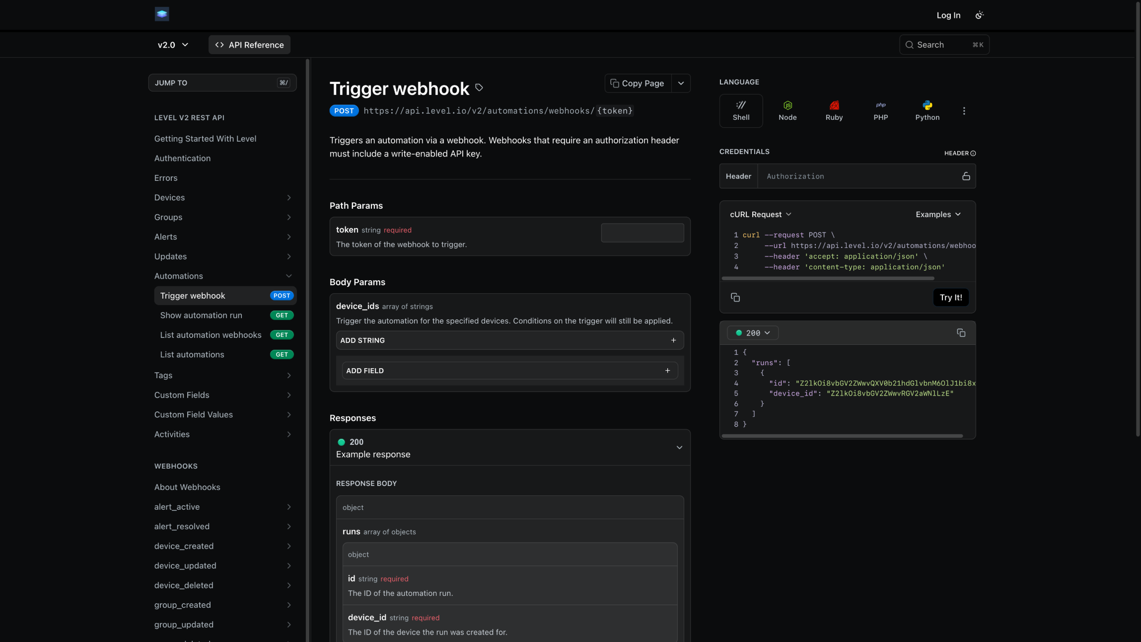 Level's API reference documentation