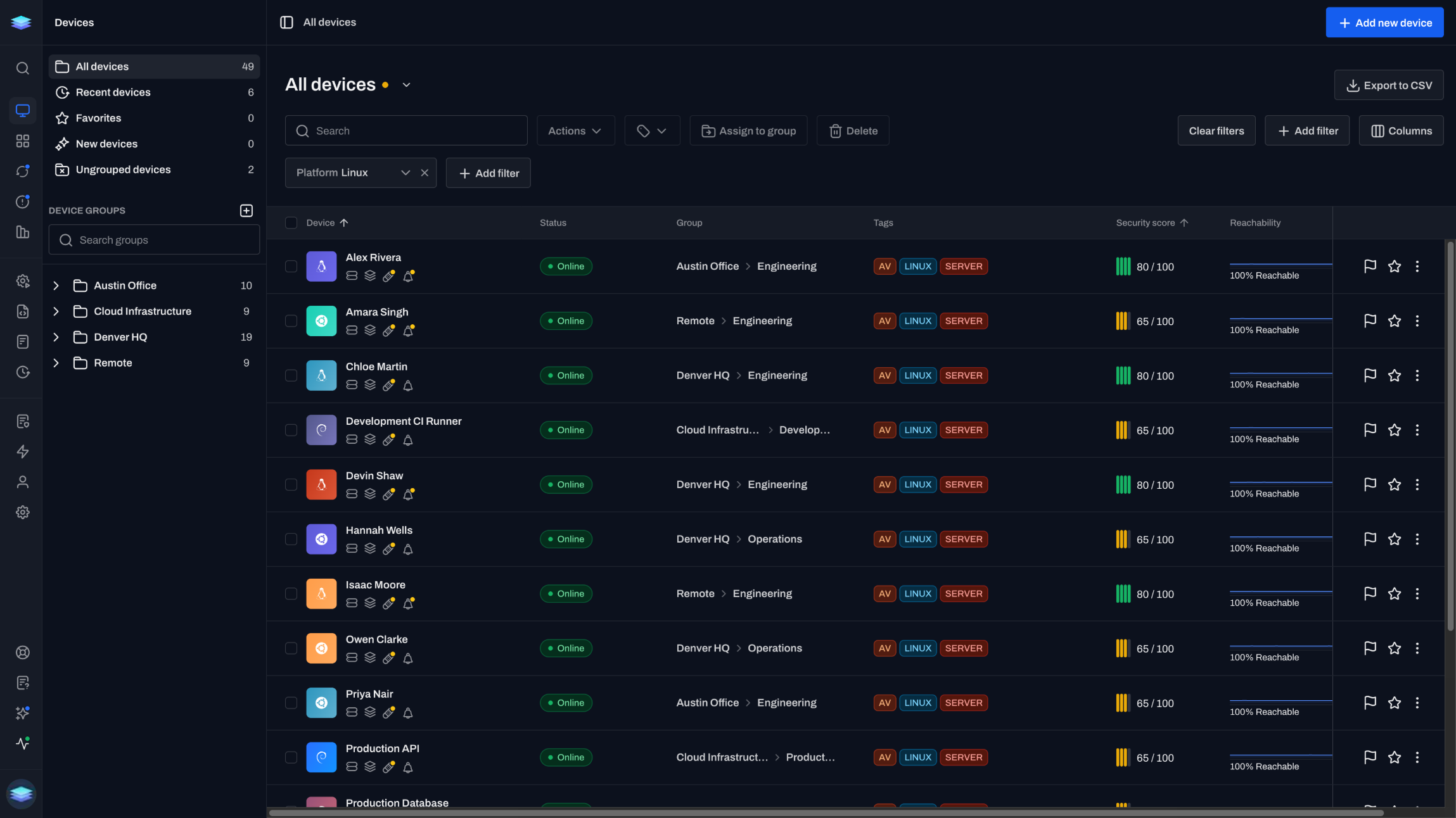 A device list with Linux devices filtered