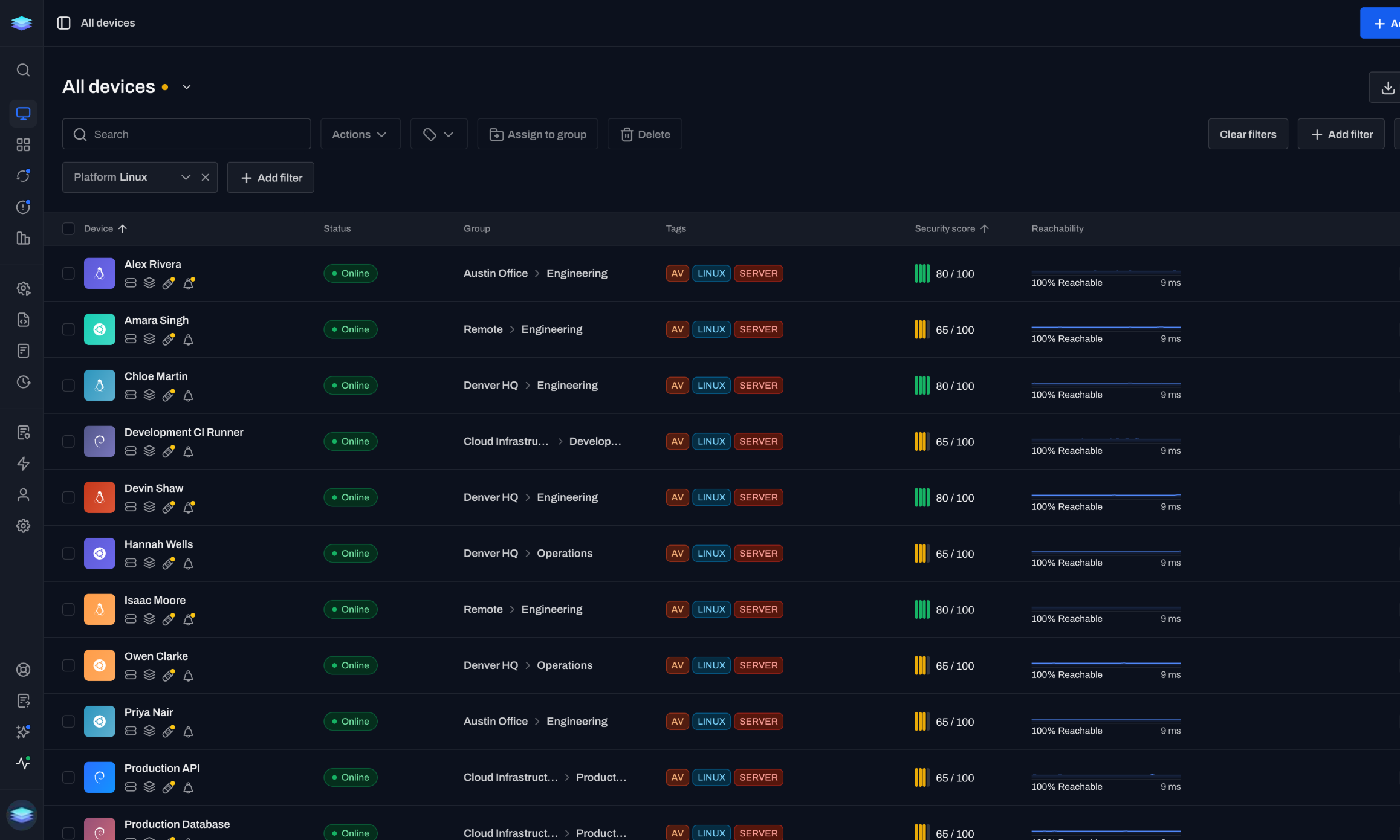 Inventory filtered to Linux devices