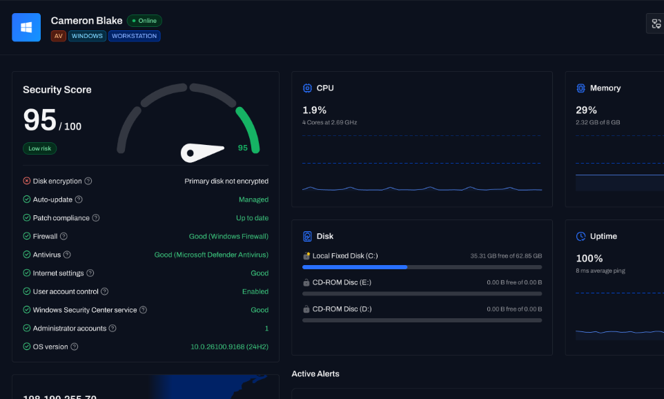 live fleet status with CPU, disk, and service alerts