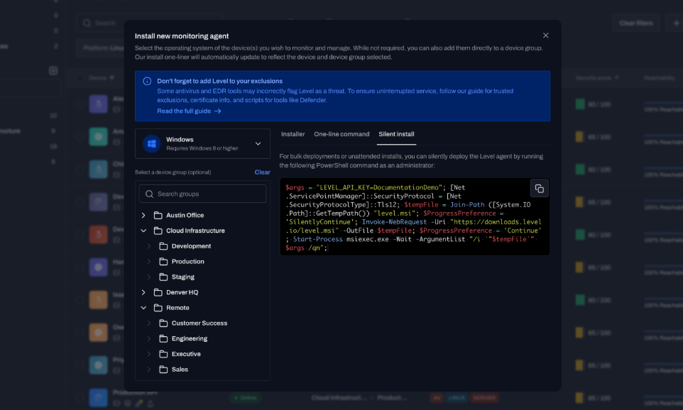 one-line agent deployment and devices appearing immediately