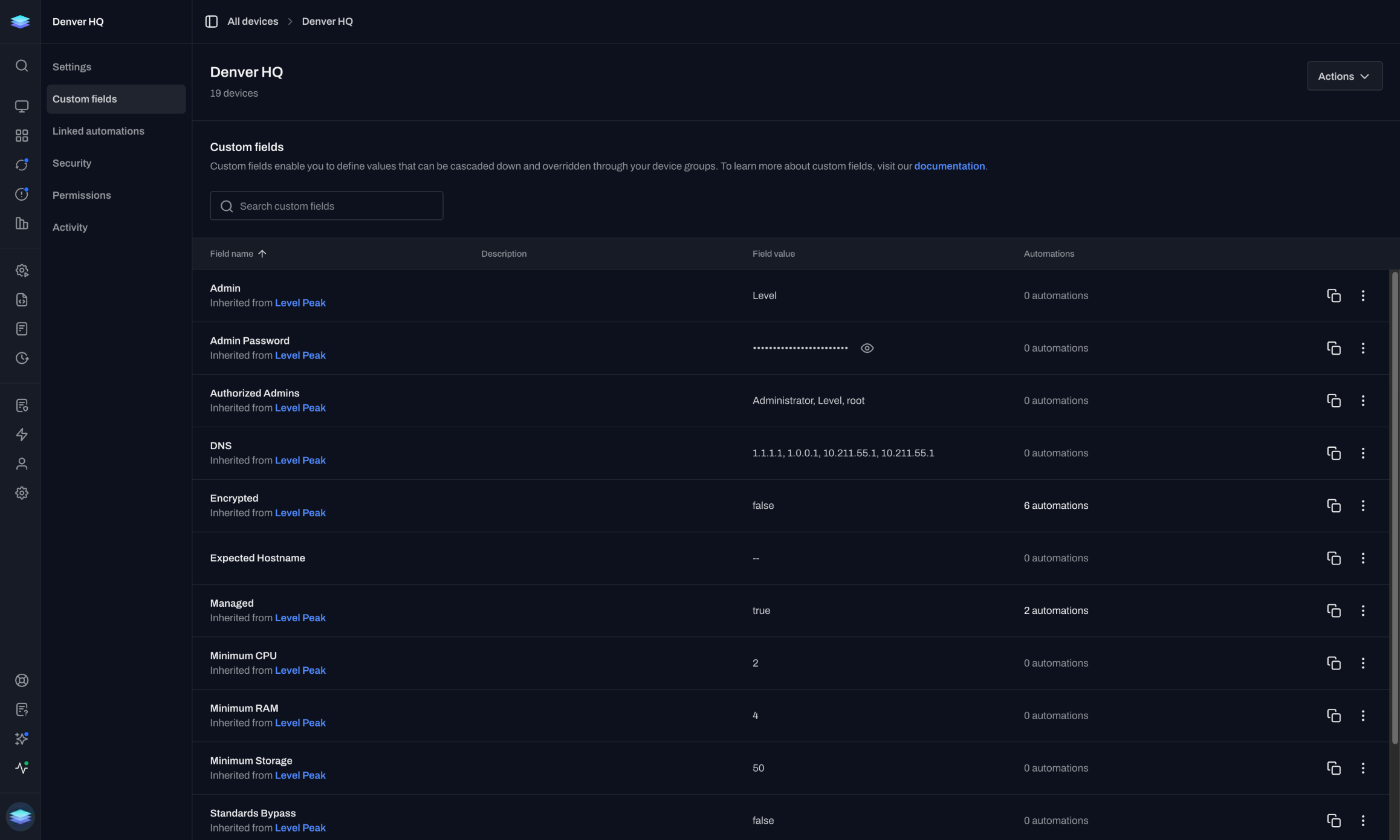 Custom fields of a select device group