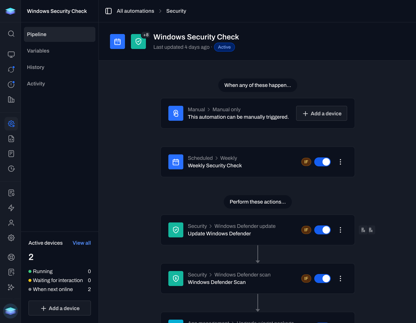 Level automation editor showing a Windows Security Check workflow